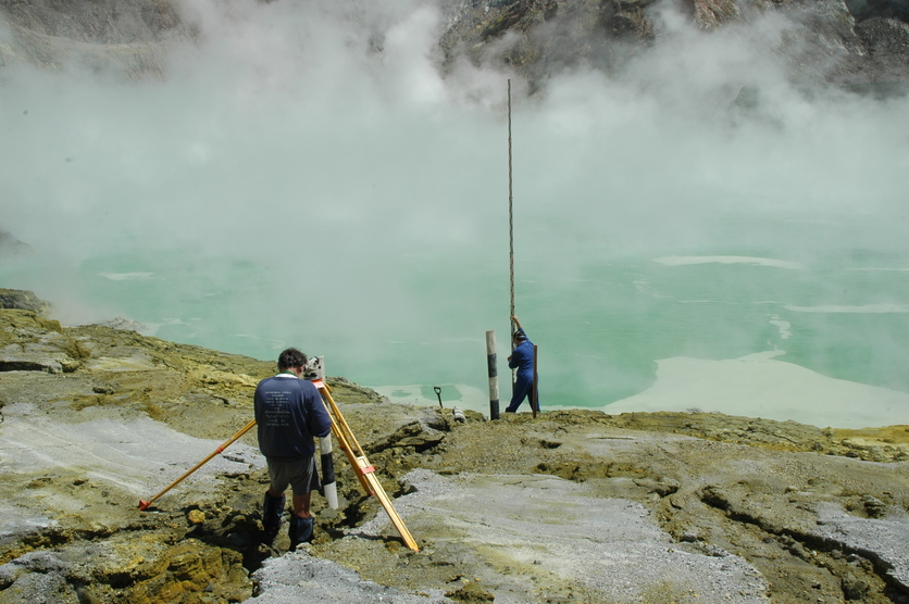 2 researchers measuring volcanic changes with GPS instruments NZ