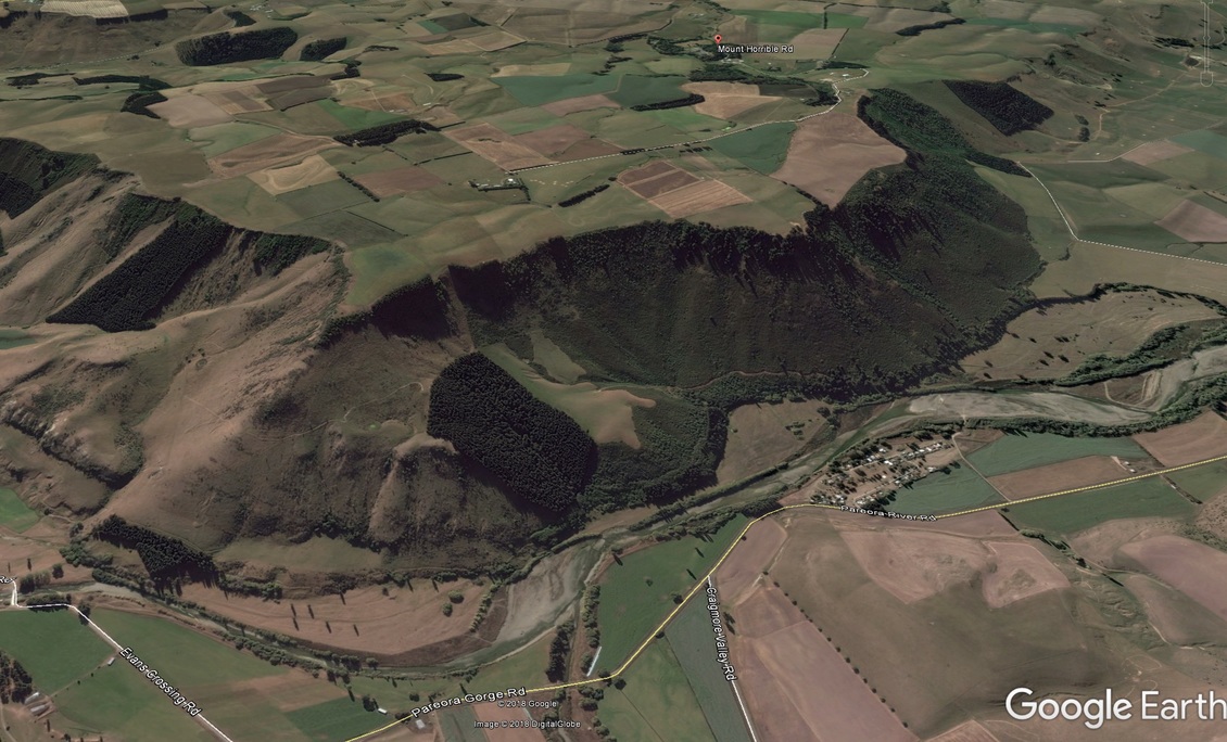 View using Google Earth of landscape showing Mt Horrible, Timaru