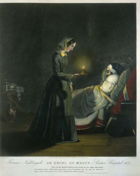 Florence Nightingale and candle helping a wounded soldiers 1855