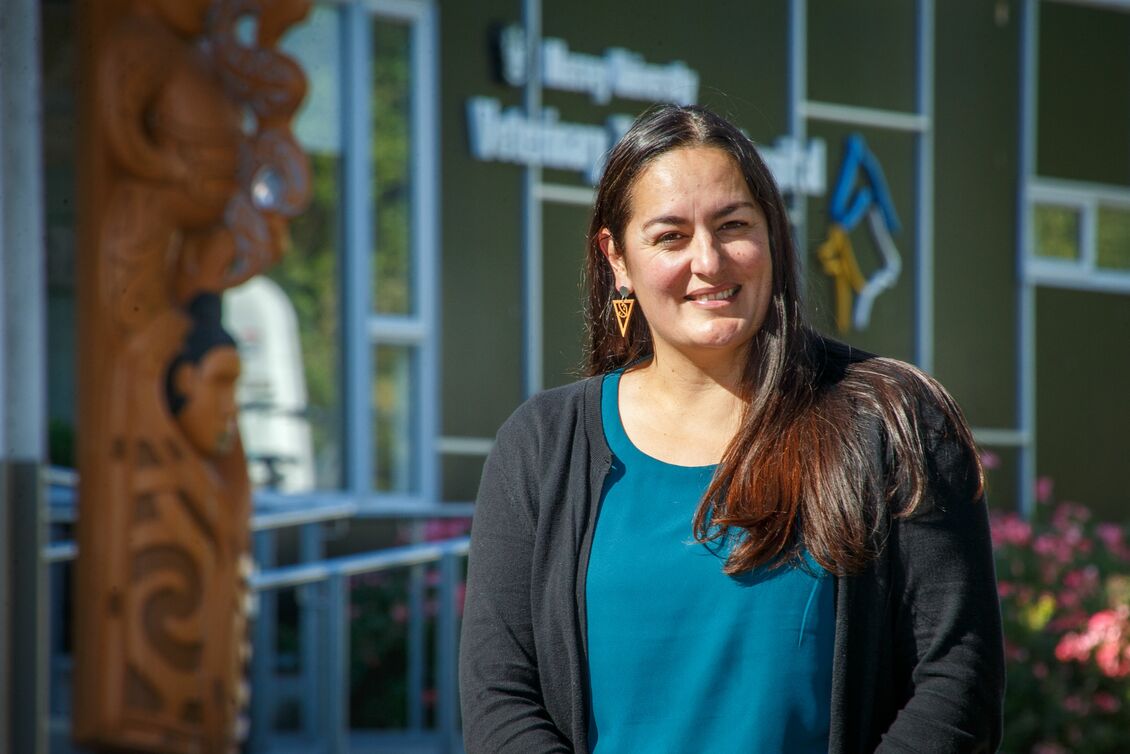 Professor Eloise Jillings in front of Tāwharau Ora building