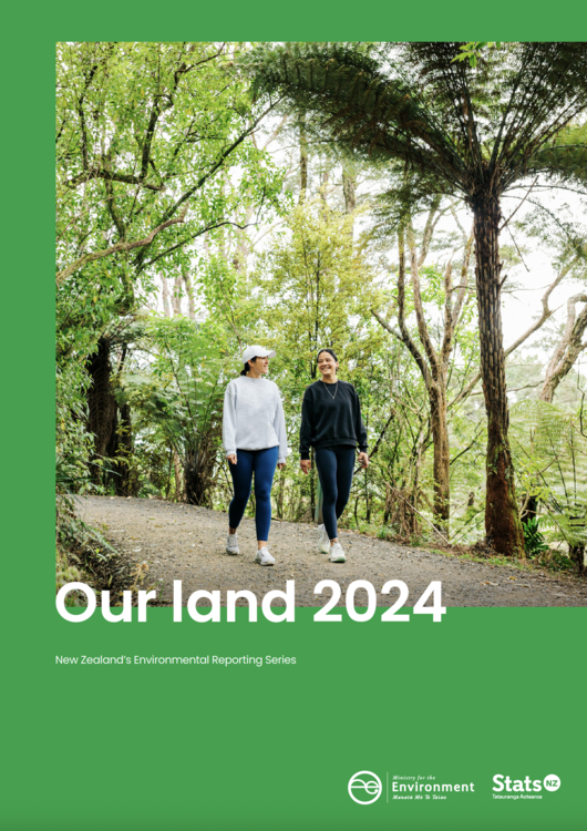 Two women walking on a path through native forest Report cover