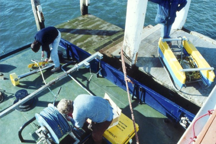 Side-scan sonar used by researchers on ship for mapping seabeds.