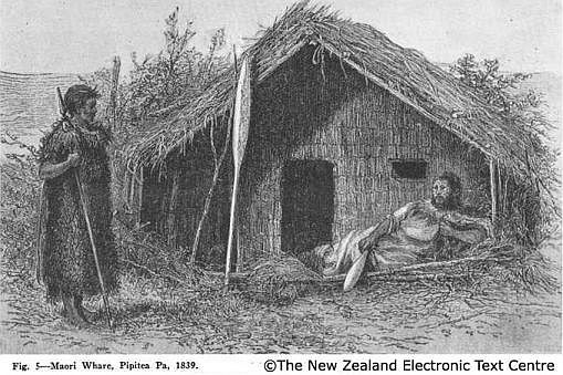 1839 Engraving of a Māori whare, Pipitea Pā.
