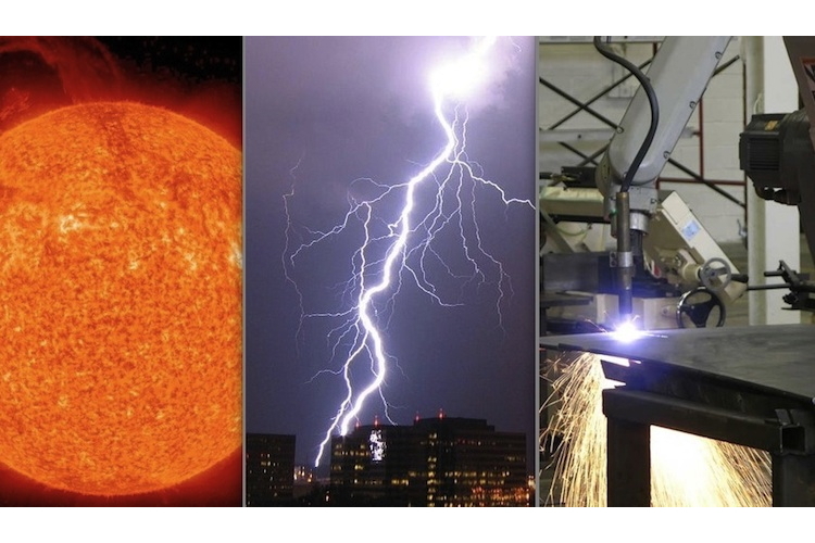 Images showing 3 plasma forms: Sun, lightening, plasma cutting