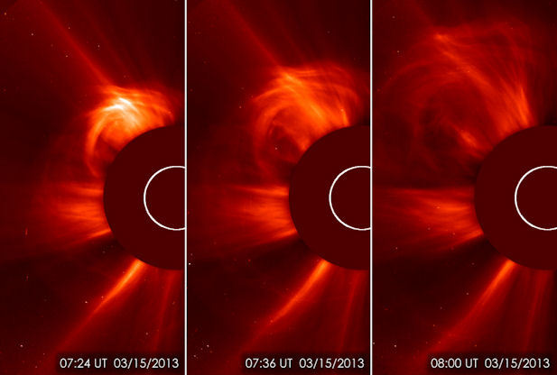 Sun spitting out a coronal mass ejection (CME) 2013 coronagraph