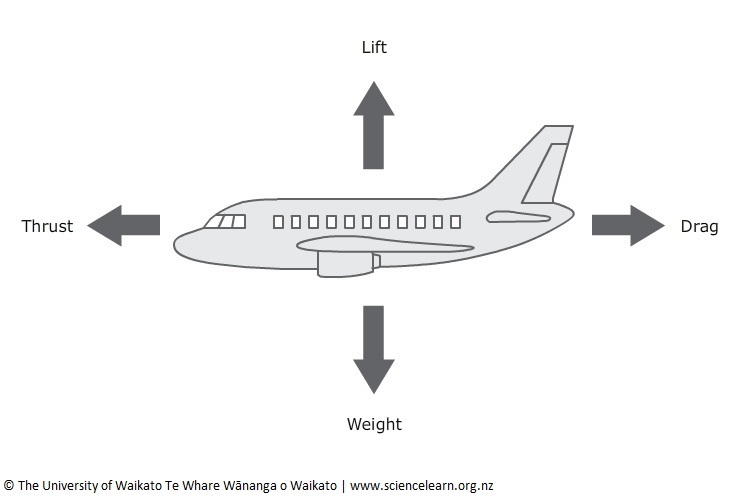 Diagram of the forces of weight, lift, drag & thrust on a plane.