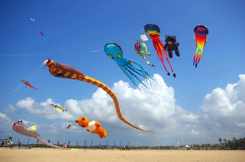 Colorful kites on Sanur beach, Bali, Indonesia.