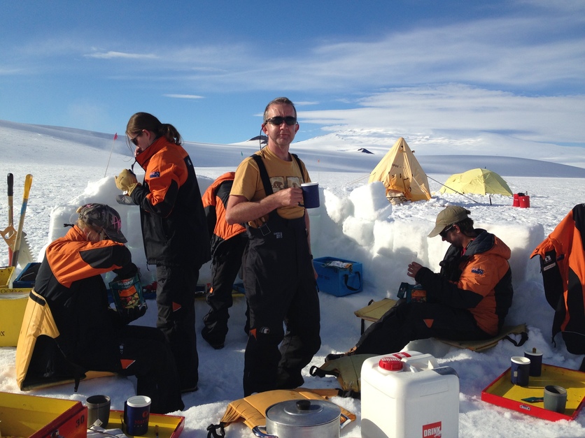 Nigel Latta and team eating on the Ross Sea Ice Shelf.