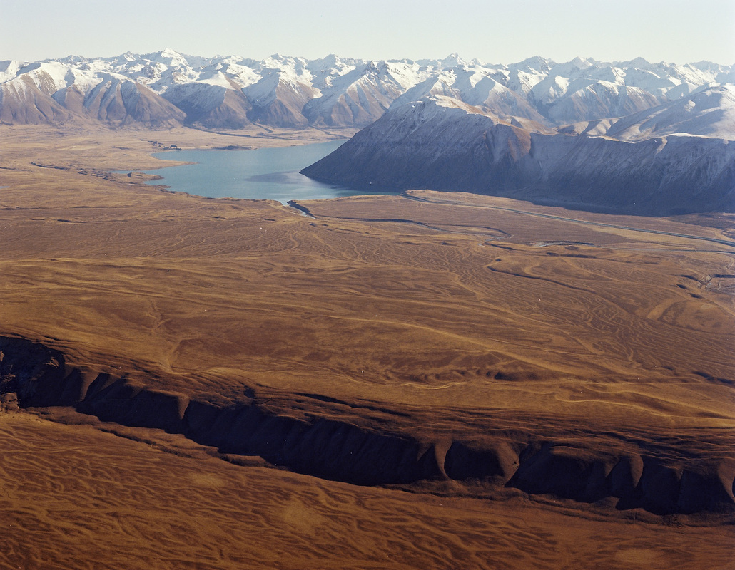 Foreground of image shows the Ostler Fault, Mackenzie Basin, NZ