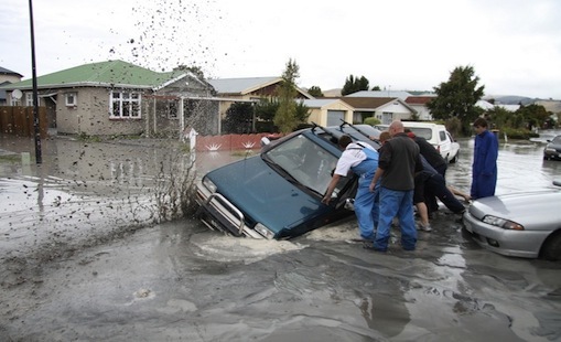 Car swallowed by liquefaction in 2011 Christchurch earthquake. 