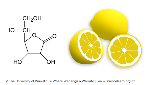 Vitamin C / L-ascorbic acid molecule and lemons diagram.
