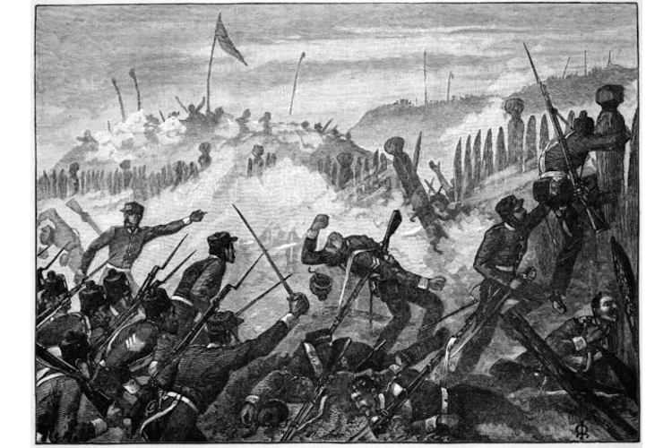 Old illustration of British soilders attack on Rangiriri Pā 1863