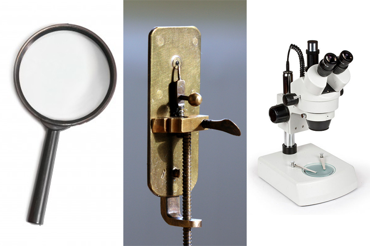Magnifying glass, van Leeuwenhoek’s microscope, stereomicroscope