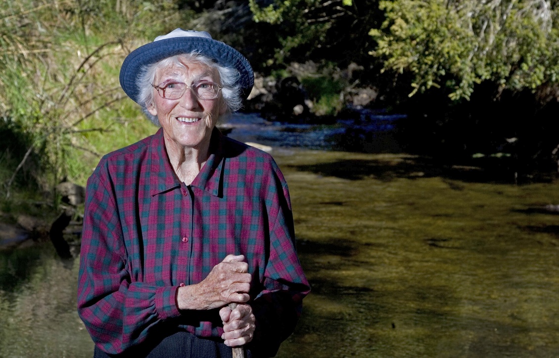 Joan Wiffen with the Mangahuoanga Stream behind her.