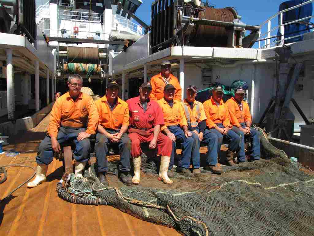 The deck crew on board the research ship the Tangaroa