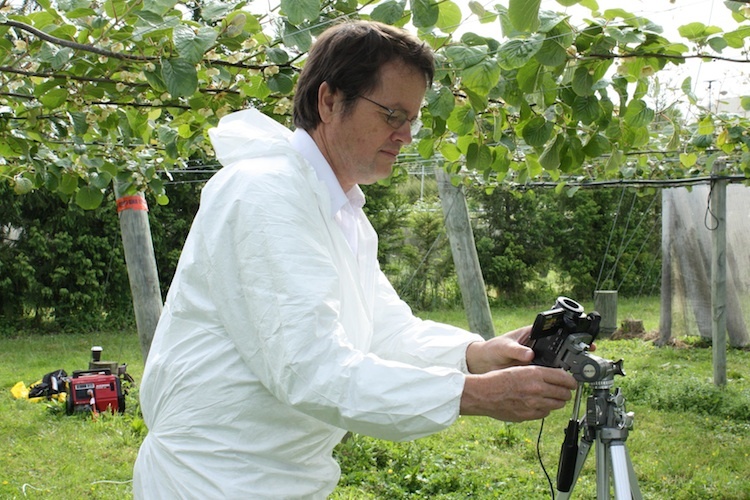 Dr Goodwin sets up a kiwifruit experiment with a camera outside