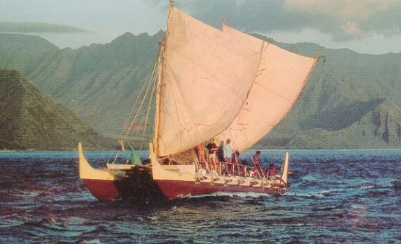 The Polynesian voyaging vessel Hōkūle’a in 1976 at sea near land