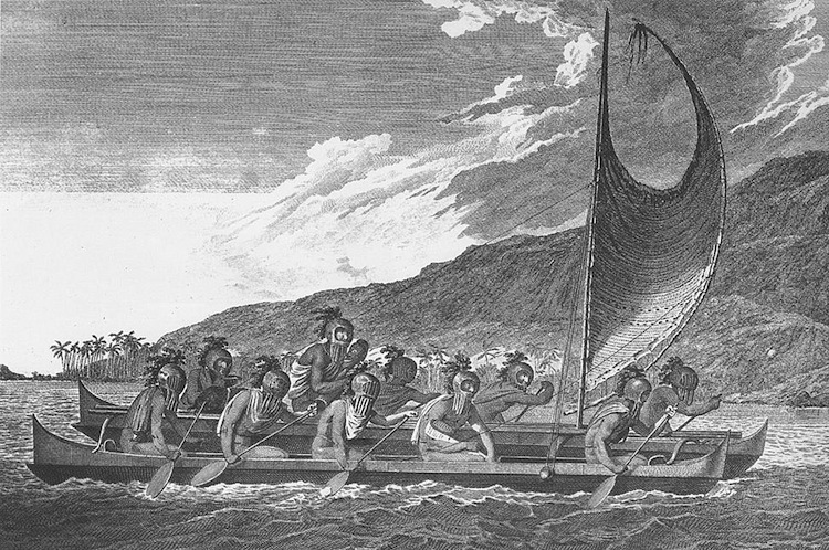 17th century Engraving: Priests travelling across Kealakekua Bay