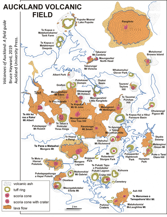 Map of Auckland's volcanoes from past eruptions. 