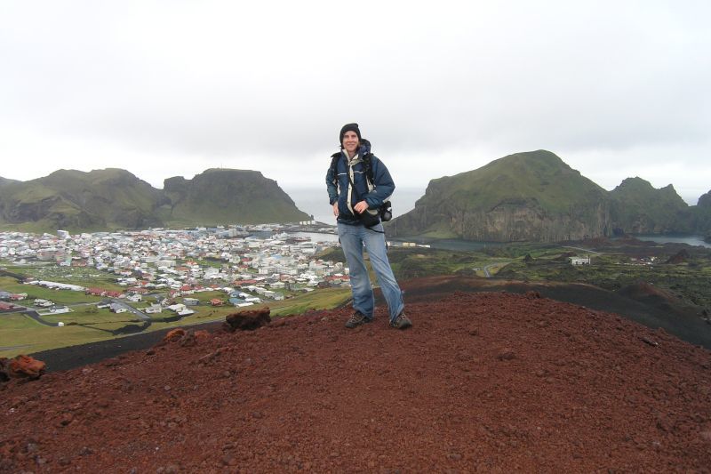 Scientists standing atop the Eldfell volcano in Iceland