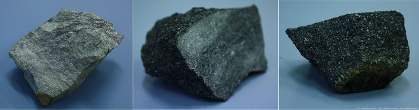 Images of rhyolite, andesite and basalt volcanic rocks.