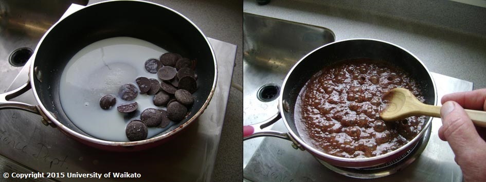 2 images of stages of Making chocolate fudge in pan on stove.