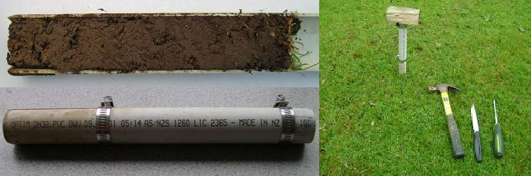 1 images: A soil core sample. Equipment on grass to extract one