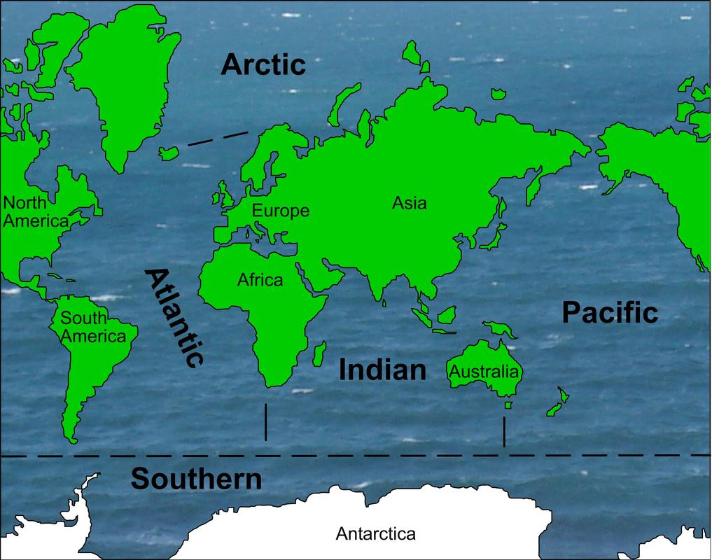 Map showing the five main oceans of Earth.