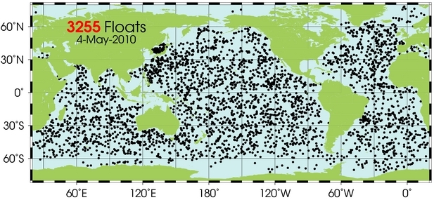 Map of the Argo float positions on 4 May 2010 in worlds oceans.