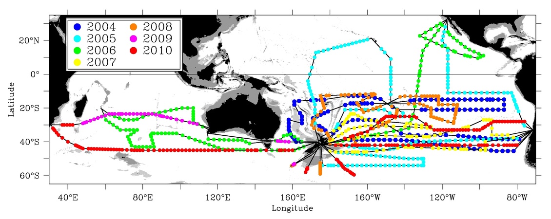 Map showing RV Kaharoa deployment of Argo floats across oceans