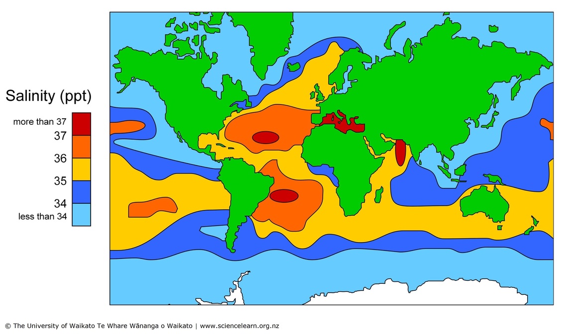 Map showing different levels of ocean salinity. 