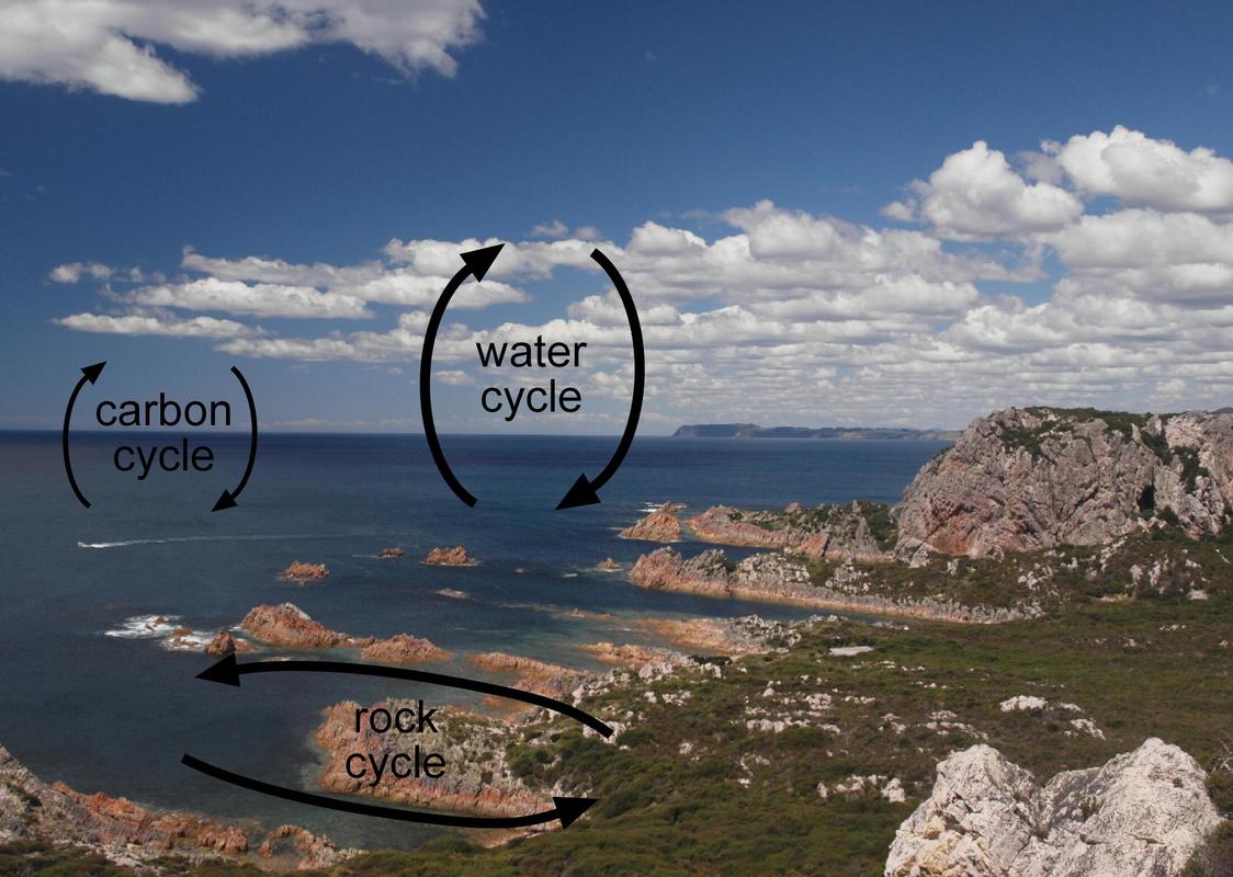Rocky landscape near the sea with carbon and water cycle labels