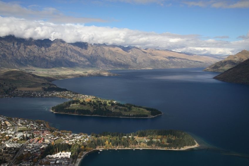 View looking down on Lake Wakatipu and township, New Zealand