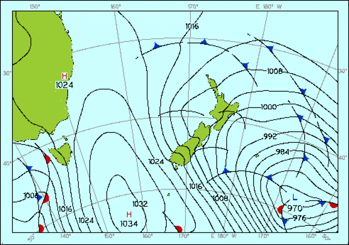 New Zealand weather map areas of high & low atmospheric pressure