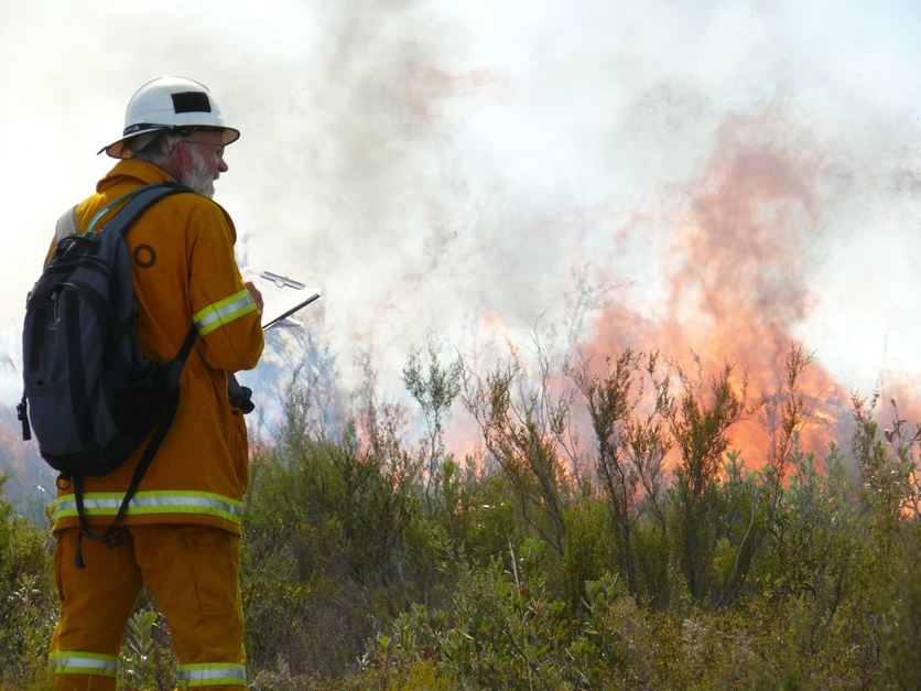 Fire researcher observing an outdoor fire.