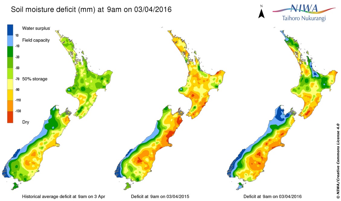 Soil moisture deficit map of New Zealand 2016.