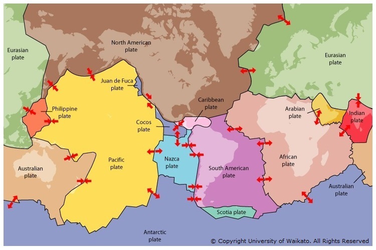 Map showing how Earth’s crust is made up of large tectonic plate