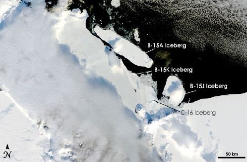 Satellite photograph of the B15A iceberg blocking McMurdo Sound