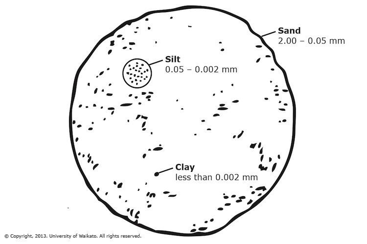 Diagram of the relative size of sand, silt and clay particles.