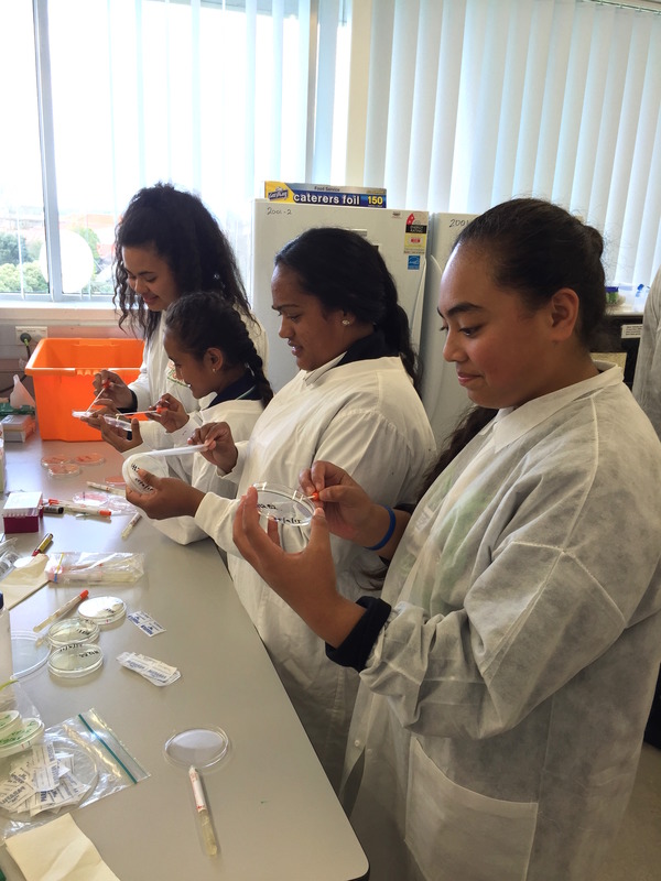 $ female students plating their mould samples on agar.