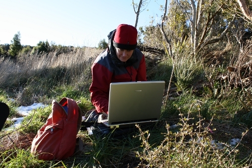 Professor Alison Cree with laptop in the field collecting data.