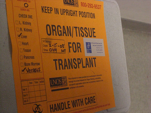 Label on an organ transplant transport box.