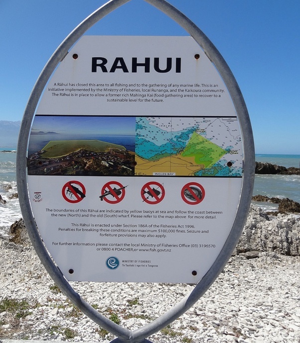 Rāhui (closure) sign, Ingles Bay, Kaikoura, New Zealand