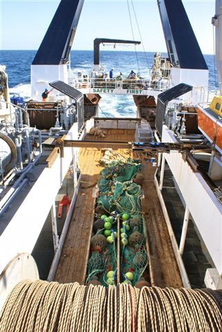 View of the trawl deck of the research ship Tangaroa.