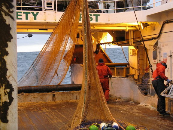 Hauling the midwater trawl to catch krill onboard the Tangaroa