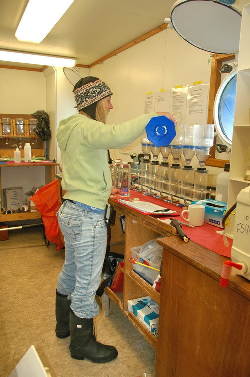 Lisa Bryant filtering water samples onboard research ship.