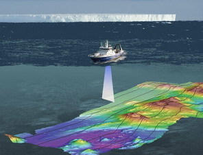 Diagrammatic image of ship multibeaming the Ross Sea seabed.