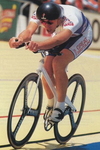 Scottish cyclist Graeme Obree on cycle on race track