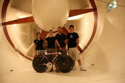Cyclists in Wind tunnel fan at testing facilities in San Diego