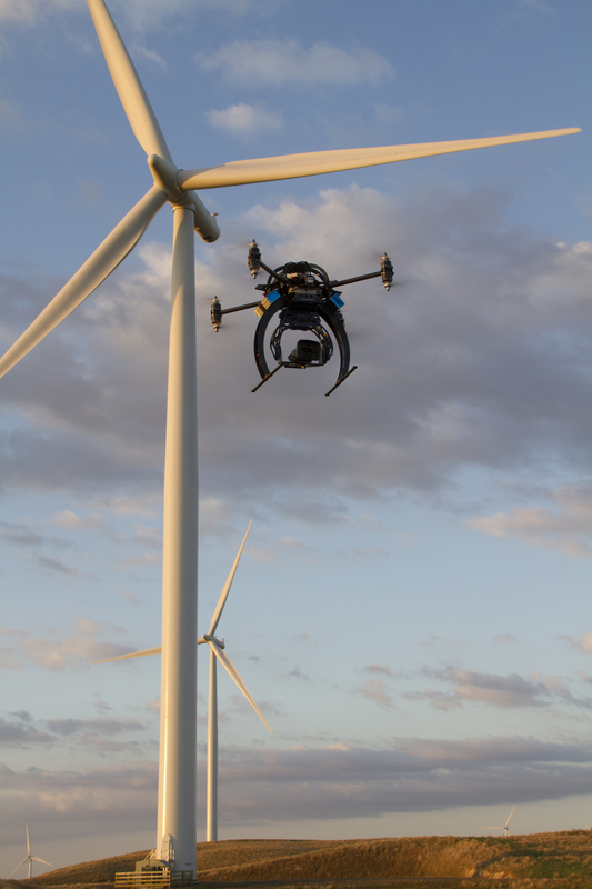 An Aeronavics UAV (drone) inspects a wind turbine.